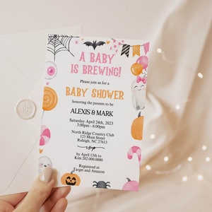 EDITABLE A Baby is Brewing Invite Halloween Girl Baby Shower Invitation Pumpkin Spooky A Little Boo is Due Invitation Pink Orange H98