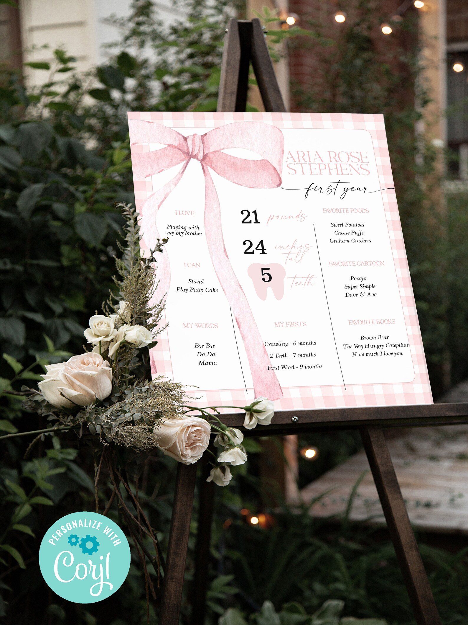EDITABLE Pink Bow Milestone Sign, First Birthday Gingham Milestone ...