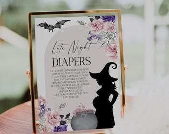 PRINTABLE Late Night Diapers Sign Baby is Brewing Halloween Baby Shower Witch Baby Sign Pink and Purple Gothic A Little Boo is Due PF12