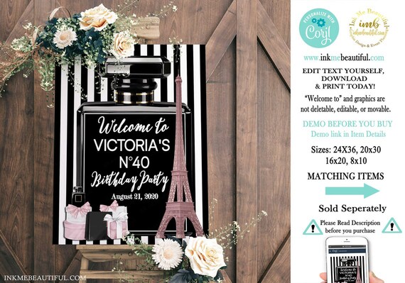 DIGITAL FILE Stripe Paris Birthday Welcome Sign | Couture | Fashion Party | Babyshower | Bridal Shower Il_570xn