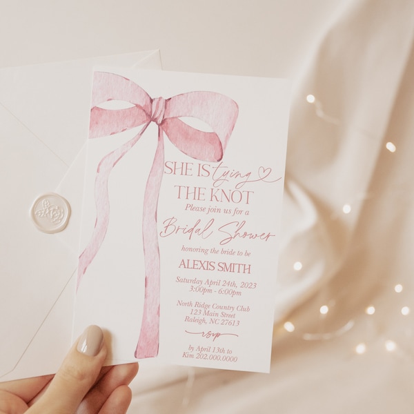 EDITABLE Pink Bow Bridal Shower Invitation, She's Tying the Knot Minimalist Bridal Shower Blush Pink Watercolor Ribbon Blush Template PB1