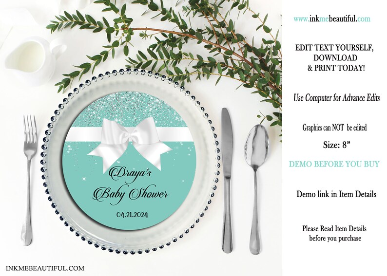 Puede incluir: Un cargador de baby shower de color turquesa y brillo plateado con un lazo blanco y el texto "Draya's Baby Shower 04.21.2024".