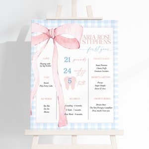 EDITABLE Pink Bow Milestone Sign, First Birthday Gingham Milestone Board Blue Watercolor Ribbon Blush Pink 1st Birthday Digital Template BB3