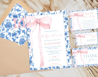 EDITABLE Chinoiserie Baby Shower Invitación Pink Bow Baby Shower Minimalista Dusty Blue Ribbon Blush Pink 1er Cumpleaños Plantilla PB6
