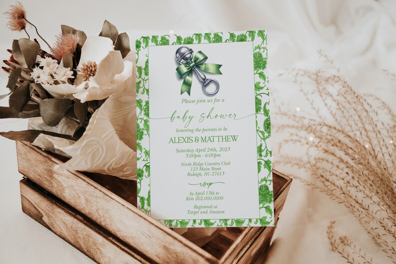 Silver Rattle Invitation EDITABLE Green Chinoiserie Baby Shower Invitation Grandmillenial Baby ...