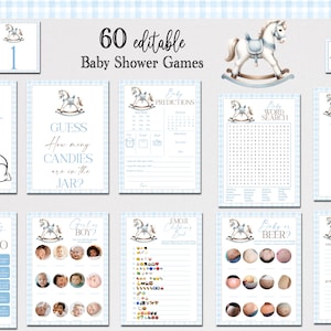 EDITABLE Vintage Rocking Horse Baby Shower Game Bundle, Blue Gingham Baby Shower Blue Watercolor Dusty Blue 60 Game Pack Template RH4