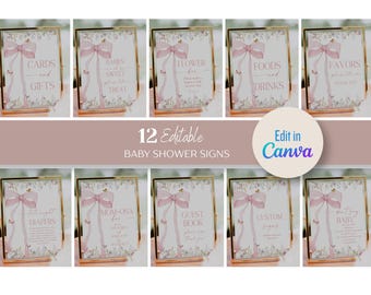 Wildflower Baby Shower Sign Bundle Butterfly Pink Bow Watercolor Coquette Ribbon Pink Digital CanvaTemplate