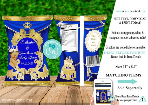EDITABLE | Royal Blue Chip Bag | Royal Blue Baby Shower | A Prince is on the way | Royal Baby Shower| Prince Theme | RB-004 Il_570xn
