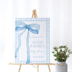 EDITABLE Blue Gingham Welcome Sign for Baby Shower, Baby Shower Blue Bow Watercolor Ribbon Dusty Blue 1st Birthday Digital Template BB2 image 3