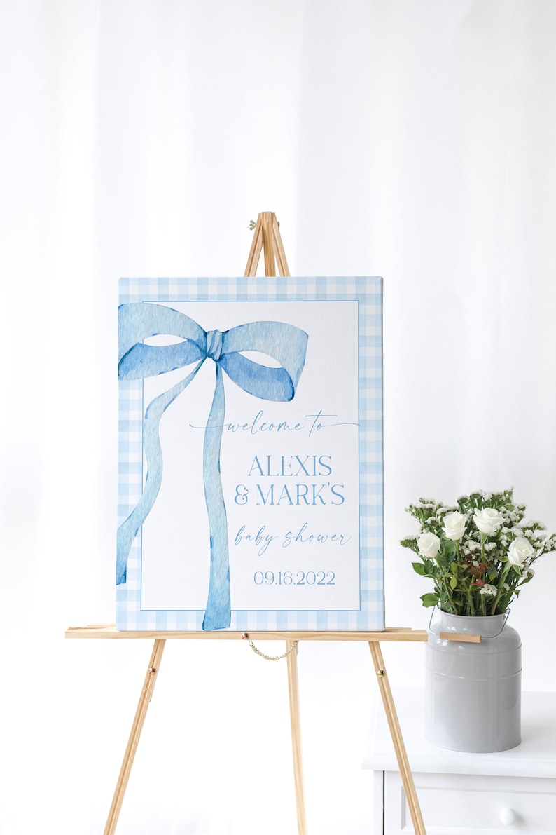 EDITABLE Blue Gingham Welcome Sign for Baby Shower, Baby Shower Blue Bow Watercolor Ribbon Dusty Blue 1st Birthday Digital Template BB2 image 3