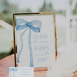 Digital File Blue Bow Guess How Many Game Sign Blue Watercolor Ribbon Minimalist Baby Shower Signs for Baby Sprinkle PB1