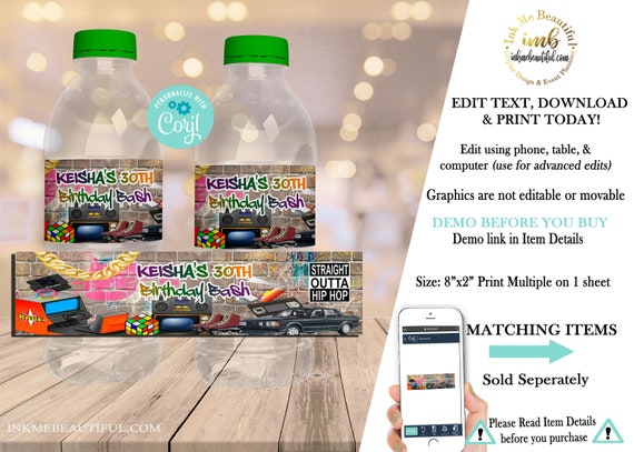 EDITABLE Hip Hop Throwback Baby Shower Water Bottle Labels| 90s baby| 80s baby|90s kid| Hip Hop Princess| |Corjl Digital Download HH001 Il_570xn