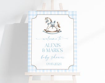 EDITABLE  Vintage Rocking Horse Welcome for Baby Shower, Minimalist Baby Boy Shower Blue Gingham 1st Birthday Toy Horse Digital Template RH4