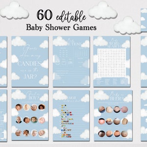EDITABLE Cloud Nine Baby Shower Game Bundle Modern Cloud Games Pack Gender Blue Baby Shower Template Minimalist Baby Cloud Baby Shower BC4
