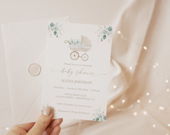 EDITABLE Vintage Baby Carriage Baby Shower Invite Modern Minimalist Gender Neutral Baby Shower Invitation 1st Birthday Digital Template CG8
