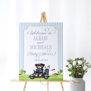 EDYTOWALNY Golfowy Miś Baby Shower Powitalny Znak Zaproszenie Klasyczny Baby Shower Niebieski i Zielony 1. Urodzinowa Książka Baby Shower PT54