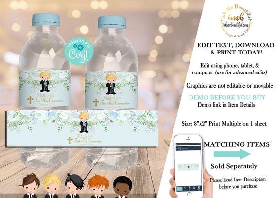 EDITABLE First Holy Communion Water Bottle Label | Floral | Boy | Baby Blue | Baptisim | First Communion | First Communion | Cross FC33 Il_570xn
