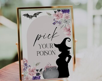 Pick Your Poison Drink Sign A Baby is Brewing Halloween Baby Shower Witch Baby Sign Pink and Purple Gothic A Little Boo is Due PF12