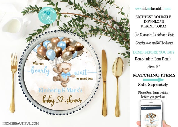 EDITABLE Teddy Bear Baby Shower Charger Plate Insert| Teddy Bear Theme | Light Blue Brown | We Can Bearly Wait | Bear Baby Shower | BB07 Il_570xn