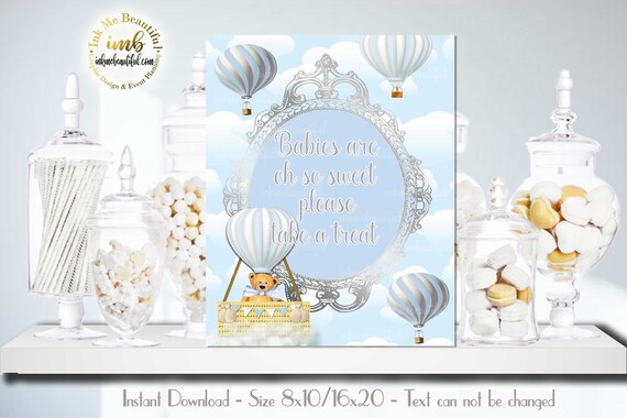 PRINTABLE Babies Are Oh so Sweet Sign Blue Hot Air Balloon | Up Up and Away Baby Shower |Teddy Bear | Hot Air Balloon | HB-029 Il_570xn