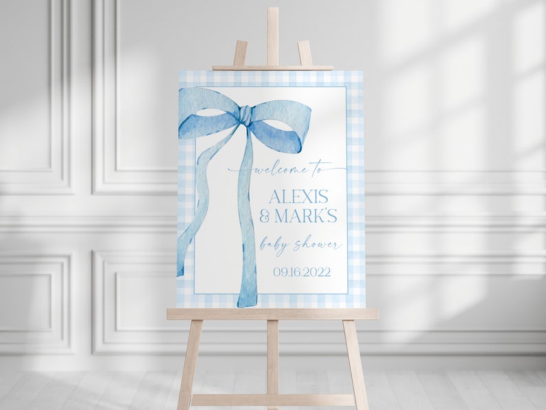 EDITABLE Blue Gingham Welcome Sign for Baby Shower, Baby Shower Blue Bow Watercolor Ribbon Dusty Blue 1st Birthday Digital Template BB2 image 4