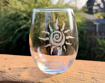 Etched Sun Stemless Wine Glass - Southwestern Design