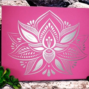 Lotus art, silver lotus flower artwork, zen home decor, spiritual wall art, yoga decor, meditation room art, 11x14 canvas art, zen space image 1