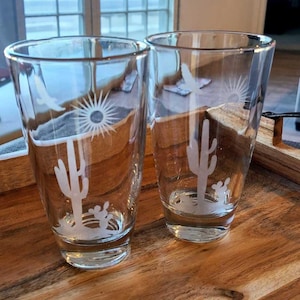 Etched Desert Beer Glass Set: Southwestern Cactus Glasses