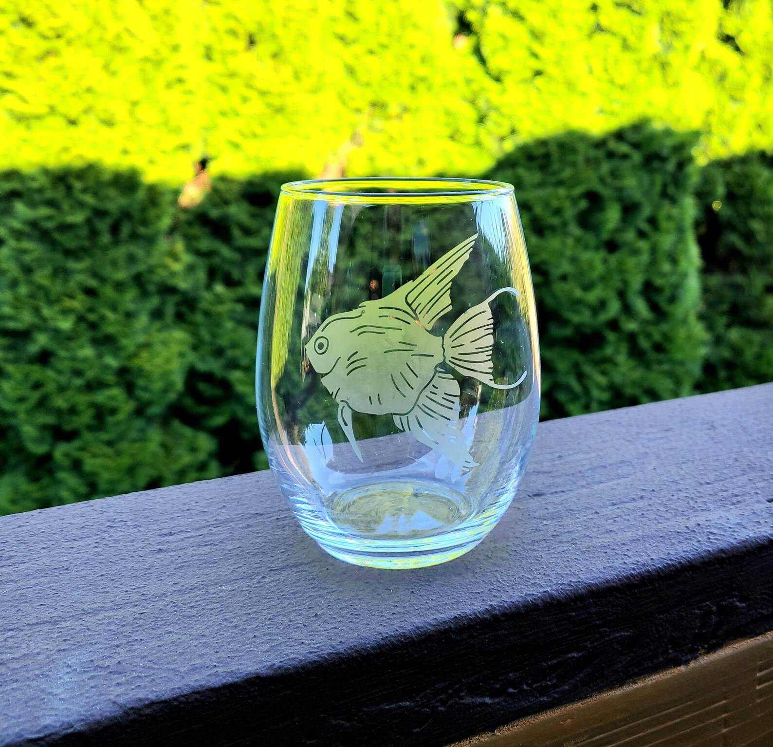 Etched Fish Wine Glass Stemless Bar Ware Tropical Fish Etsy