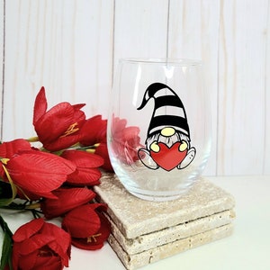 Gnome Stemless Wine Glass: Heart Design, Friendship Gift