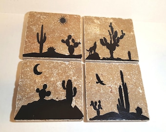 Desert Silhouette Travertine Coasters: Southwestern Decor