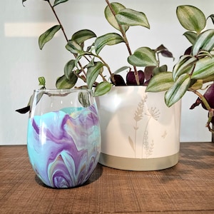 Hand Painted Marbled Wine Glass: Aqua, Purple & Gold