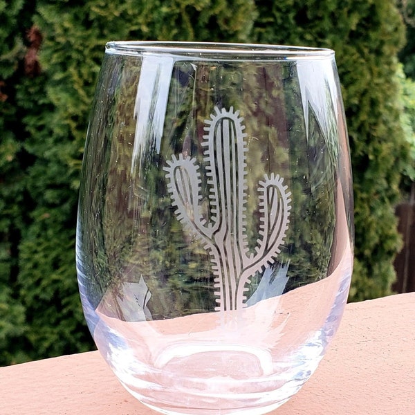 Etched cactus wine glass, saguaro glass, etched barware, stemless wine glass, etched cacti, gift for wine lovers, southwestern gift