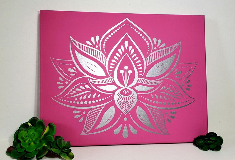 Lotus art, silver lotus flower artwork, zen home decor, spiritual wall art, yoga decor, meditation room art, 11x14 canvas art, zen space image 3