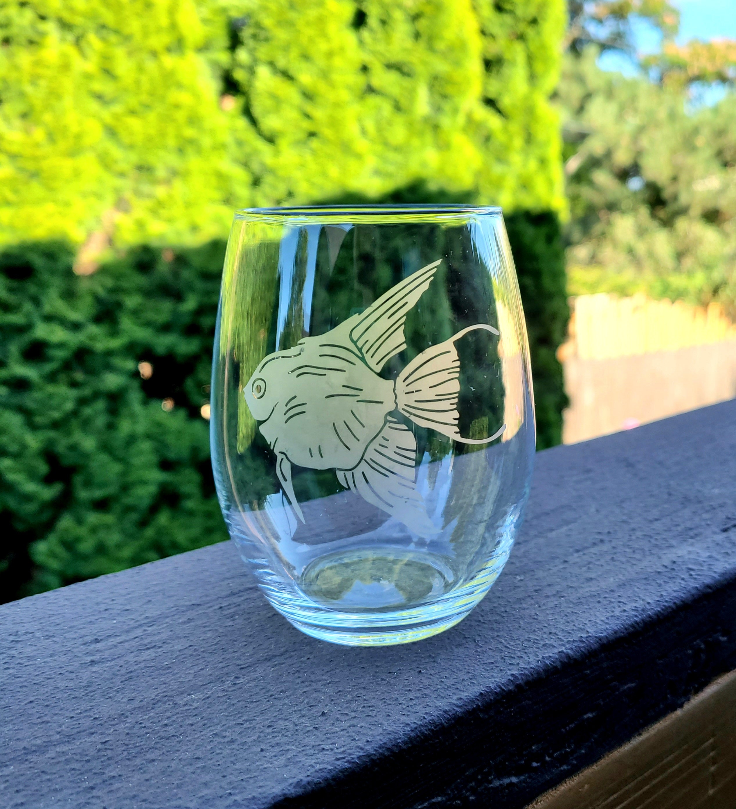 Etched fish wine glass stemless bar ware tropical fish Etsy