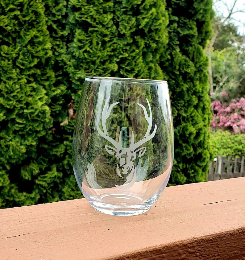 Etched Deer Wine Glass Stemless Bar Ware Wildlife Lover Etsy