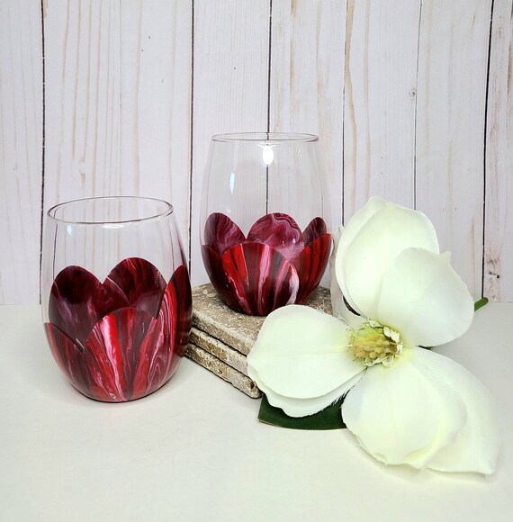 Red Marbled Wine Glass Set, Painted Wine Glasses, Wine Glass Set
