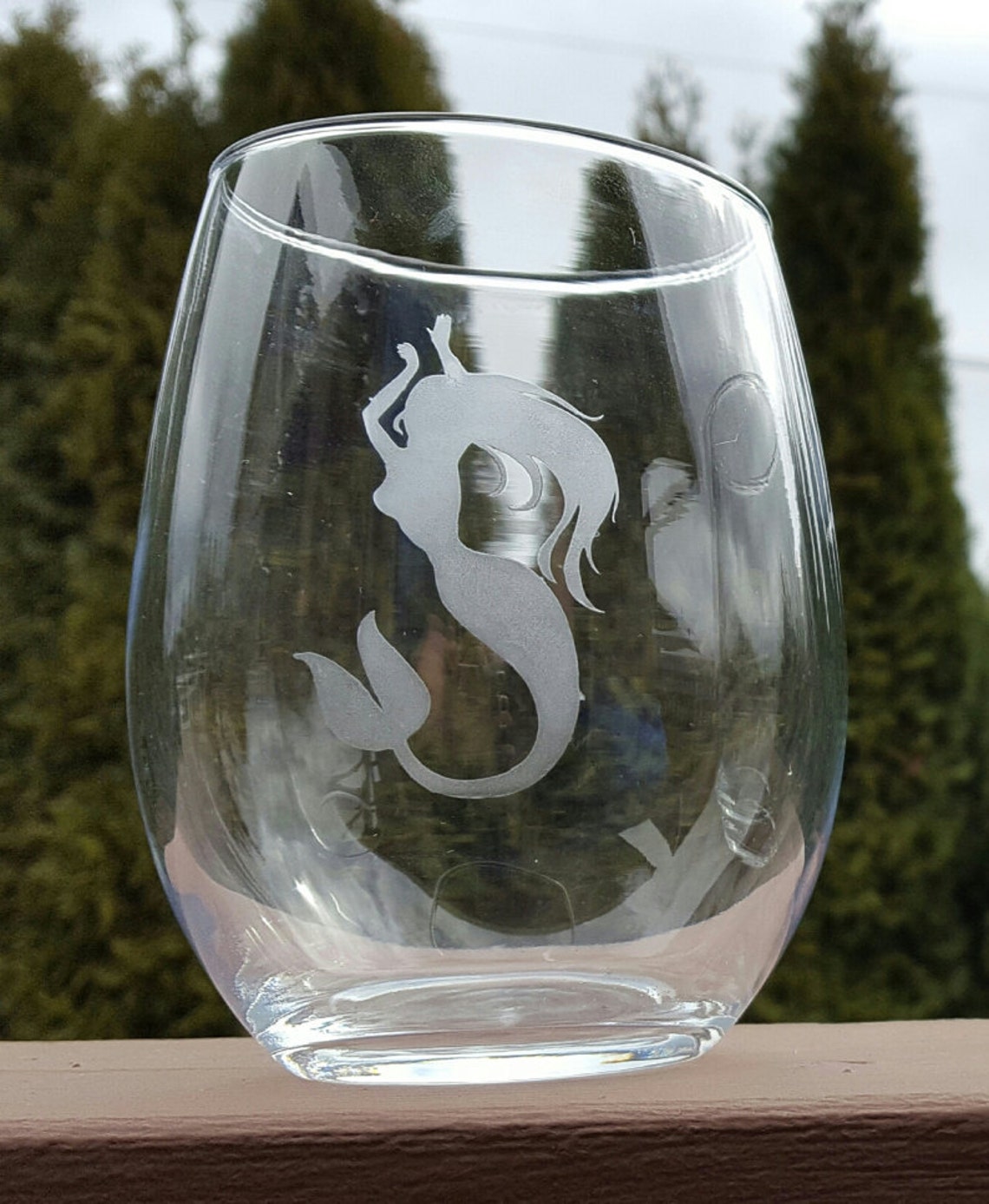 Mermaid Wine Glass Etched Bar Ware Stemless Wine Glass Etsy