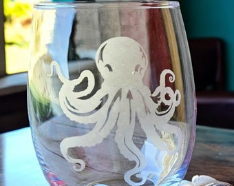 Etched Octopus Stemless Wine Glass: Ocean Lover Gift