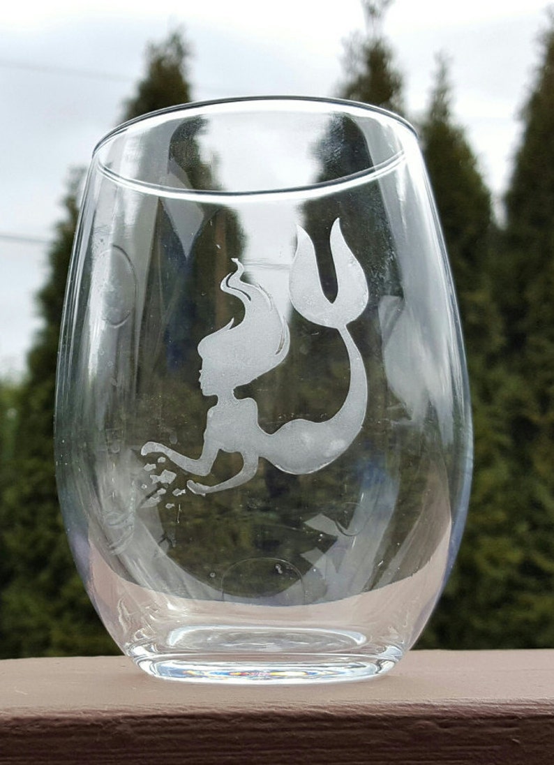 Mermaid Wine Glass Etched Bar Ware Stemless Wine Glass Etsy