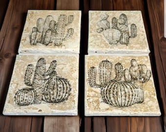Cactus Art Stone Coasters, Set of 4: Southwestern Desert Art
