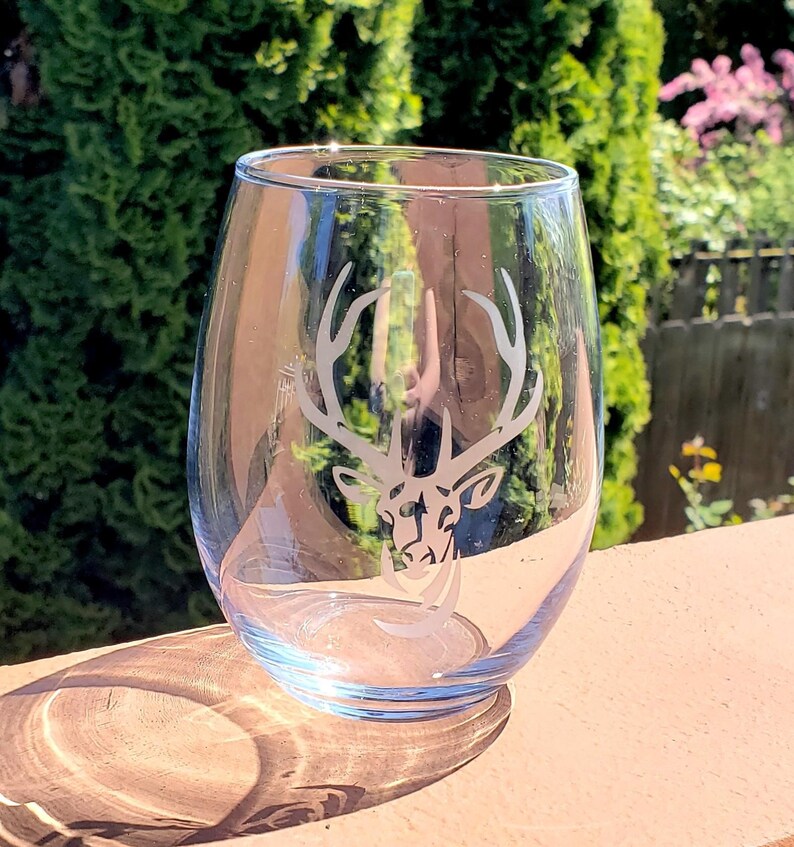 Etched Deer Wine Glass Stemless Bar Ware Wildlife Lover Etsy