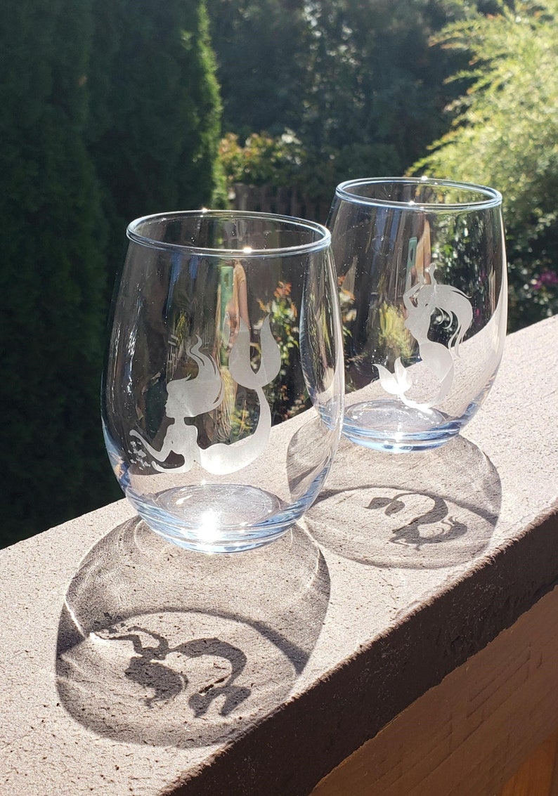 Mermaid Wine Glass Etched Bar Ware Stemless Wine Glass Etsy