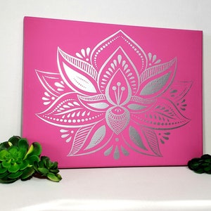 Lotus art, silver lotus flower artwork, zen home decor, spiritual wall art, yoga decor, meditation room art, 11x14 canvas art, zen space image 2