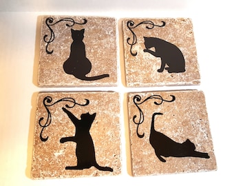Travertine Cat Coasters: Whimsical Home Decor, Cat Lover Gift (Set of 4)