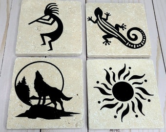 Southwest Travertine Coasters: Kokopelli, Gecko, Coyote, Sun