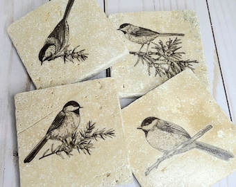 Travertine Bird Coasters: Decoupage Nature Lover Gift, Set of 4
