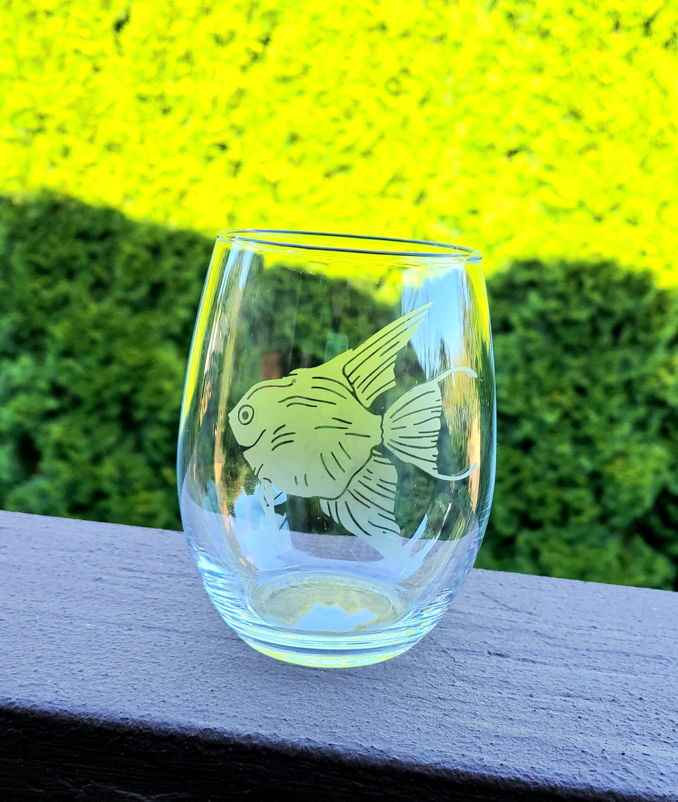 Etched fish wine glass stemless bar ware tropical fish Etsy