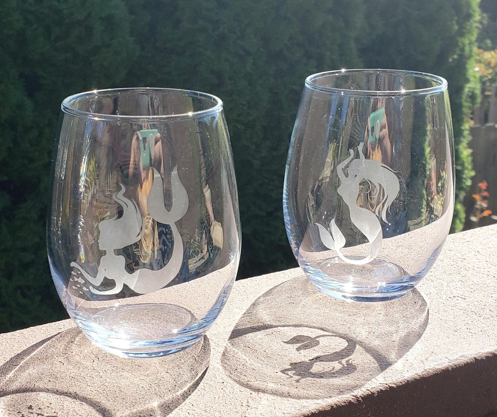 Mermaid Wine Glass Etched Bar Ware Stemless Wine Glass Etsy