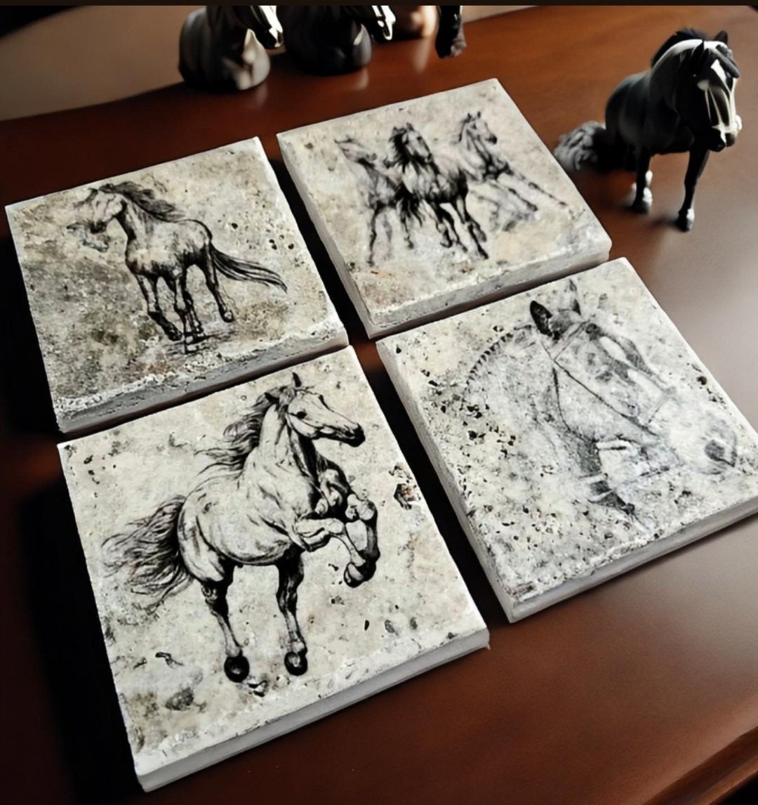 Horse Drawing Travertine Coasters: Rustic Western Home Decor